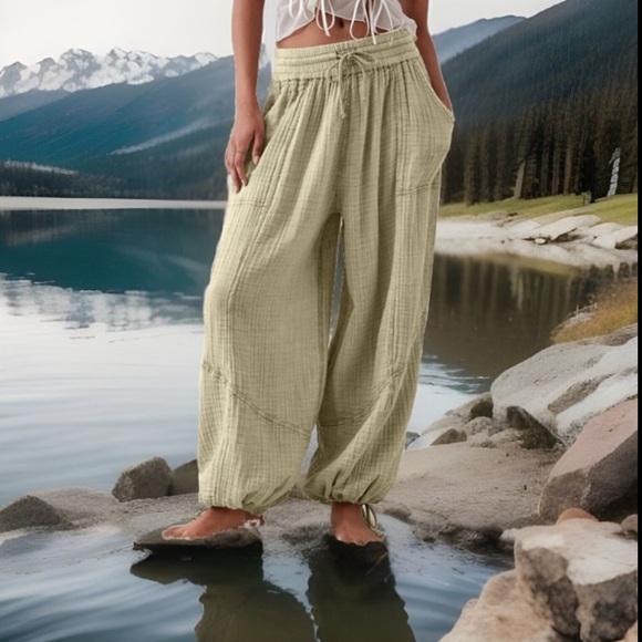 Womens Casual Elastic Drawstring Pants Wide Leg Trousers with Pockets Cargo Pant - Picture 1 of 14
